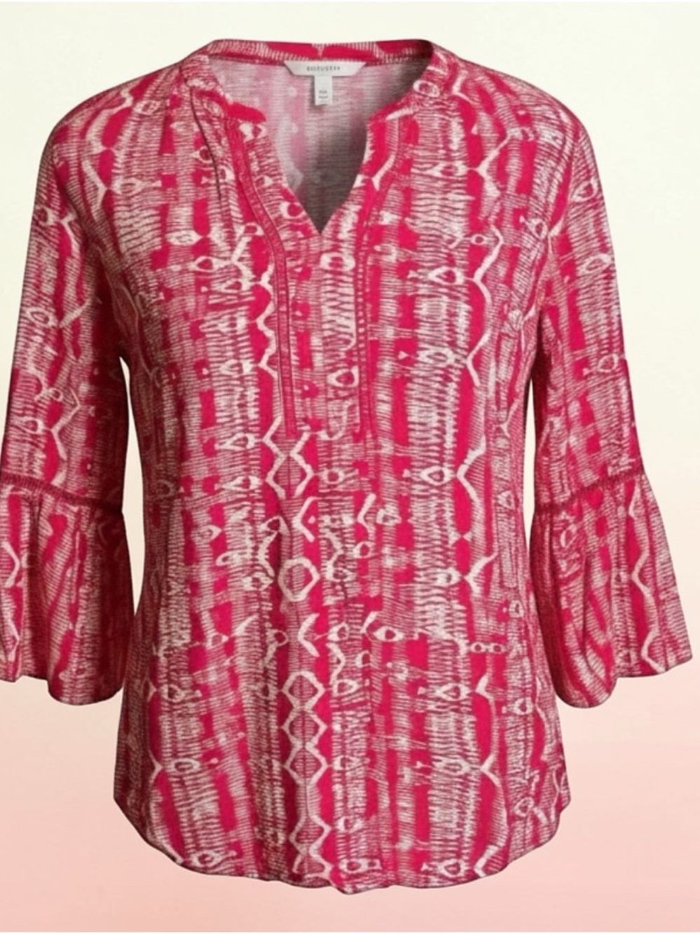Gloria Vanderbilt Pink White Printed Blouse 3/4 Sleeve V Neck Casual Top
